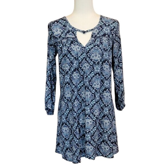 American Eagle Gauzy Babydoll Boho Peasant Blue Paisley Mini Dress - Picture 2 of 14